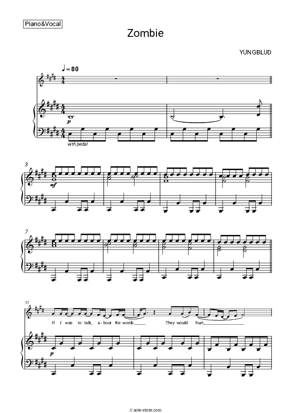 Zombie - Yungblud Piano Sheet Music with the Voice part - Piano&Vocal