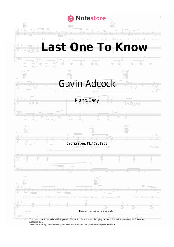 Last One To Know - Gavin Adcock Piano Sheet Music Easy - Piano.Easy