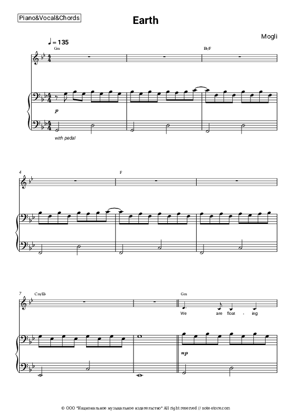 Earth - Mogli Piano Sheet Music with the Vocal and Chords - Piano&Vocal&Chords