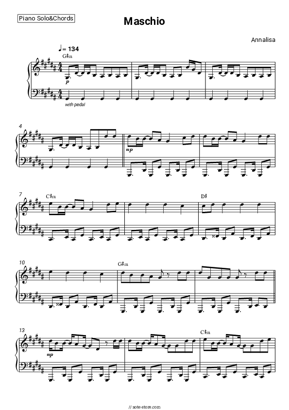 Maschio - Annalisa Piano Sheet Music and Chords - Piano.Solo&Chords