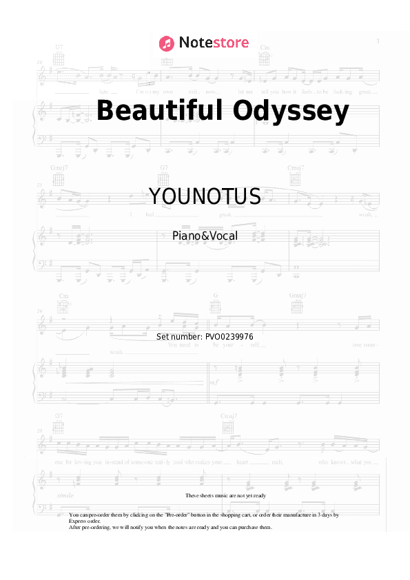 Beautiful Odyssey - YOUNOTUS, Cascada Piano Sheet Music with the Voice part - Piano&Vocal