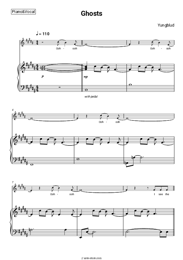 Ghosts - Yungblud Piano Sheet Music with the Voice part - Piano&Vocal