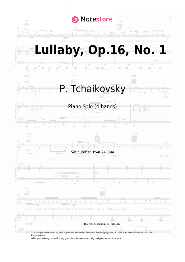 Lullaby, Op.16, No. 1 - P. Tchaikovsky Sheet Music - Piano.Solo (4 hands)