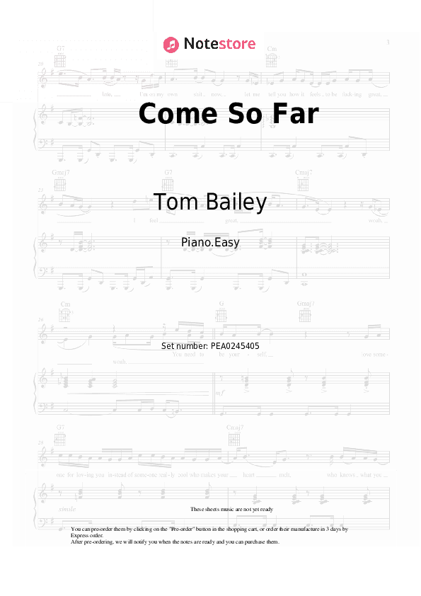 Come So Far - Tom Bailey Piano Sheet Music Easy - Piano.Easy