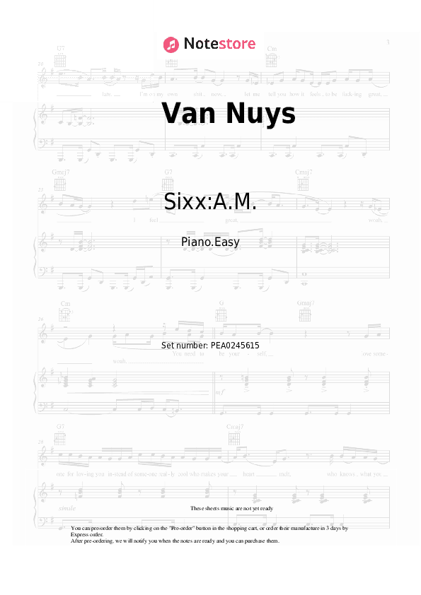 Van Nuys - Sixx:A.M. Piano Sheet Music Easy - Piano.Easy