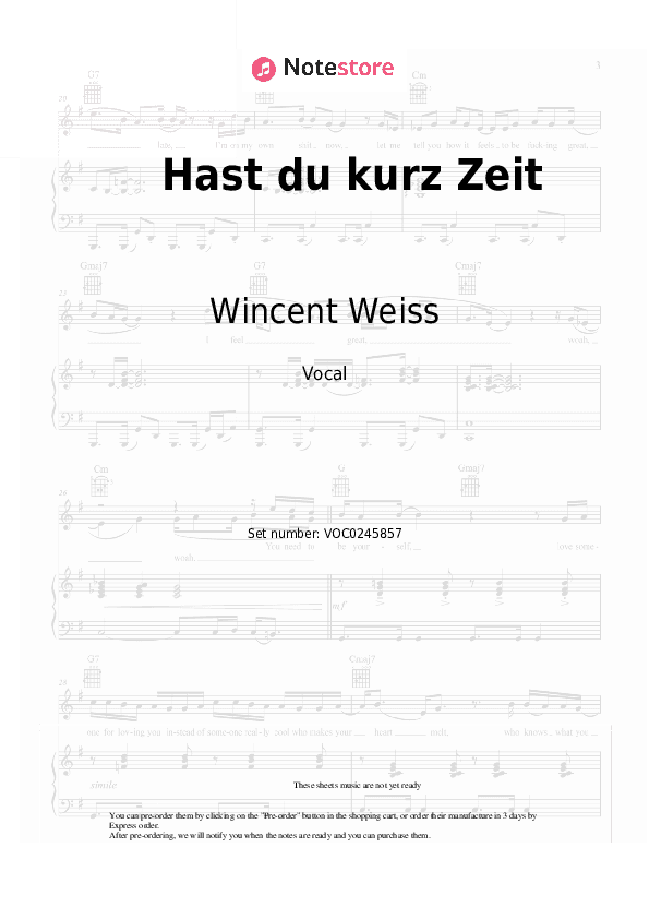 Hast du kurz Zeit - Wincent Weiss Vocal Sheet Music - Vocal