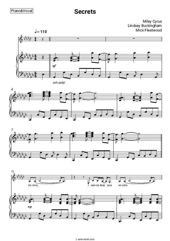 Secrets - Miley Cyrus, Lindsey Buckingham, Mick Fleetwood Piano Sheet Music with the Voice part - Piano&Vocal