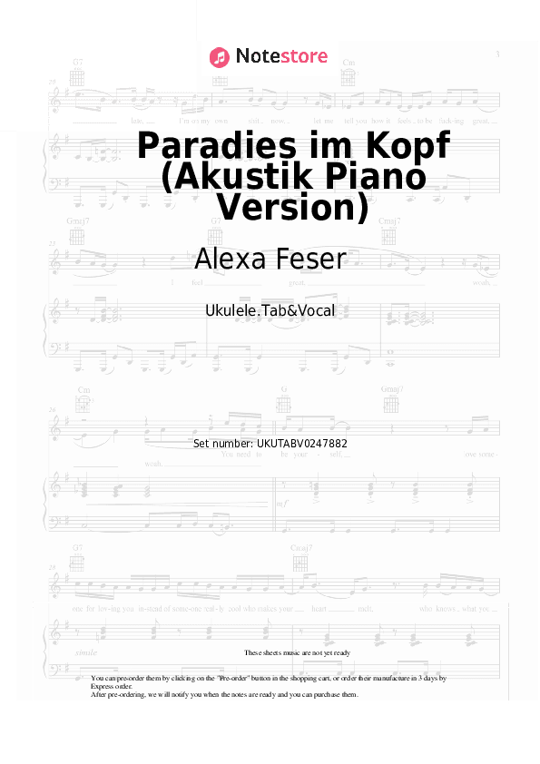Paradies im Kopf (Akustik Piano Version) - Alexa Feser Sheet Music - Ukulele.Tab&Vocal