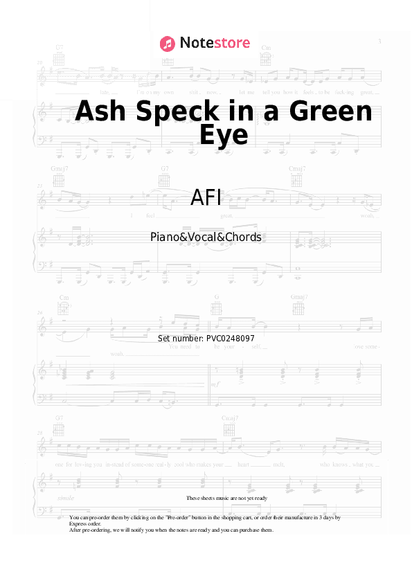Ash Speck in a Green Eye - AFI Piano Sheet Music with the Vocal and Chords - Piano&Vocal&Chords