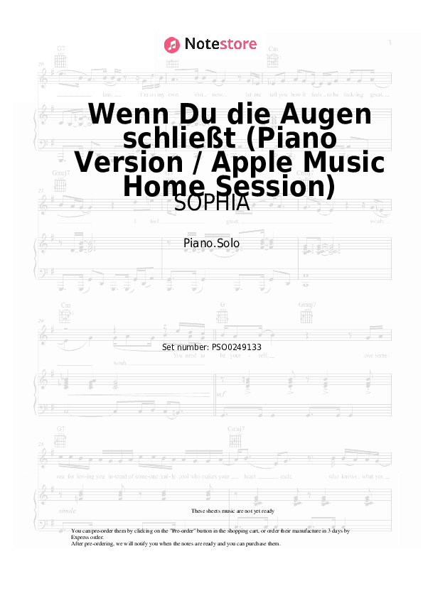 Wenn Du die Augen schließt (Piano Version / Apple Music Home Session) - SOPHIA Piano Sheet Music - Piano.Solo