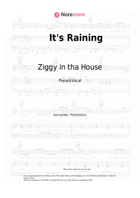 It's Raining - Ziggy in tha House Piano Sheet Music with the Voice part - Piano&Vocal