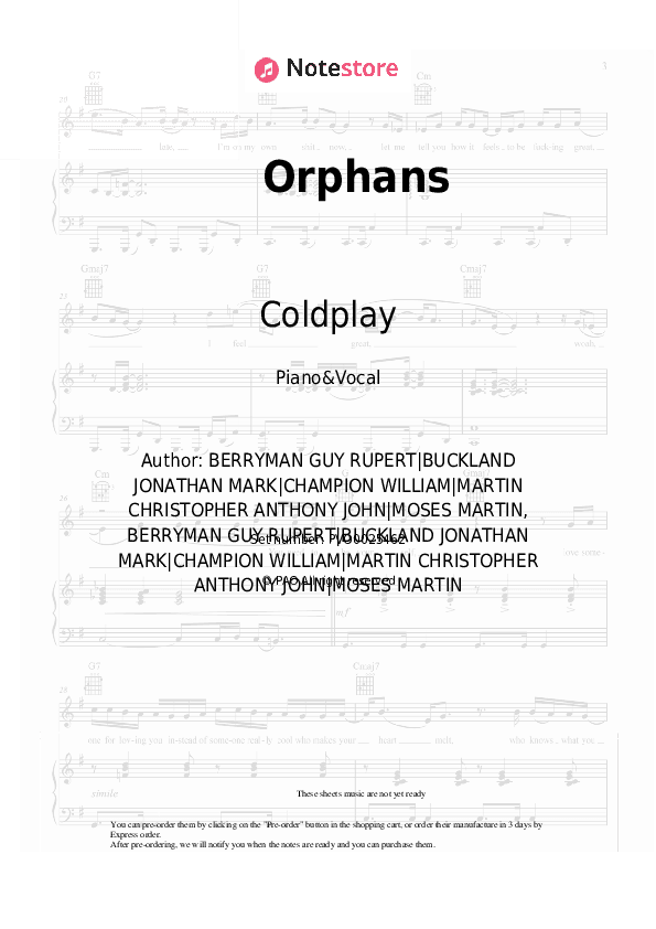 Orphans - Coldplay Piano Sheet Music with the Voice part - Piano&Vocal