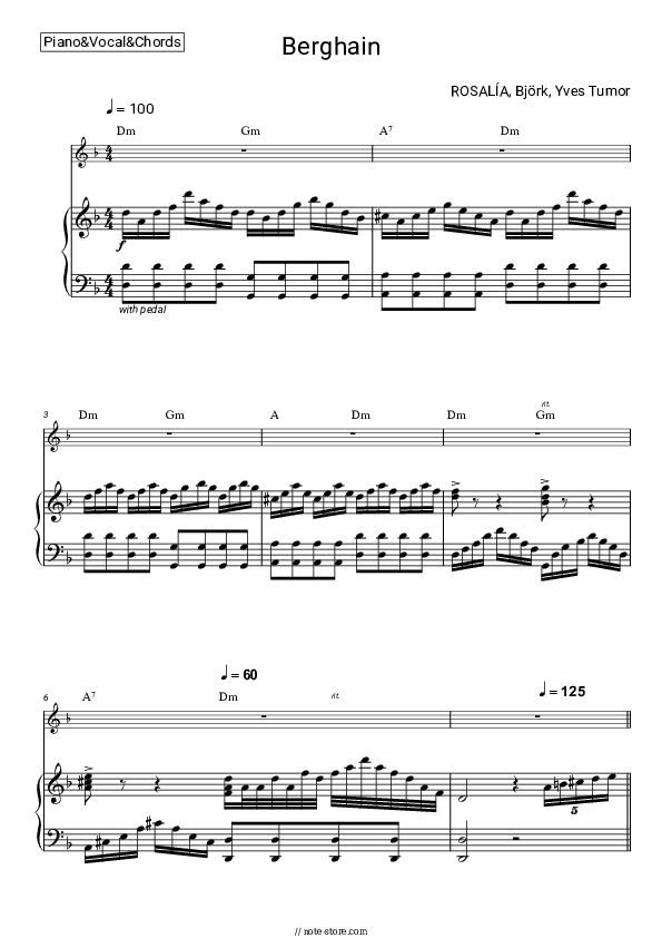 Berghain - Rosalía, Bjork, Yves Tumor Piano Sheet Music with the Vocal and Chords - Piano&Vocal&Chords