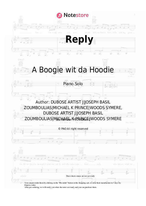 Reply - A Boogie wit da Hoodie, Lil Uzi Vert Piano Sheet Music - Piano.Solo