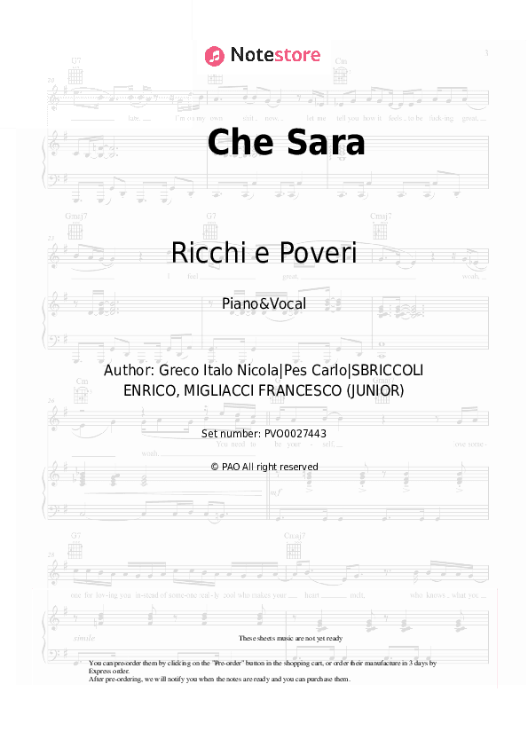 Che Sara - Ricchi e Poveri Piano Sheet Music with the Voice part - Piano&Vocal