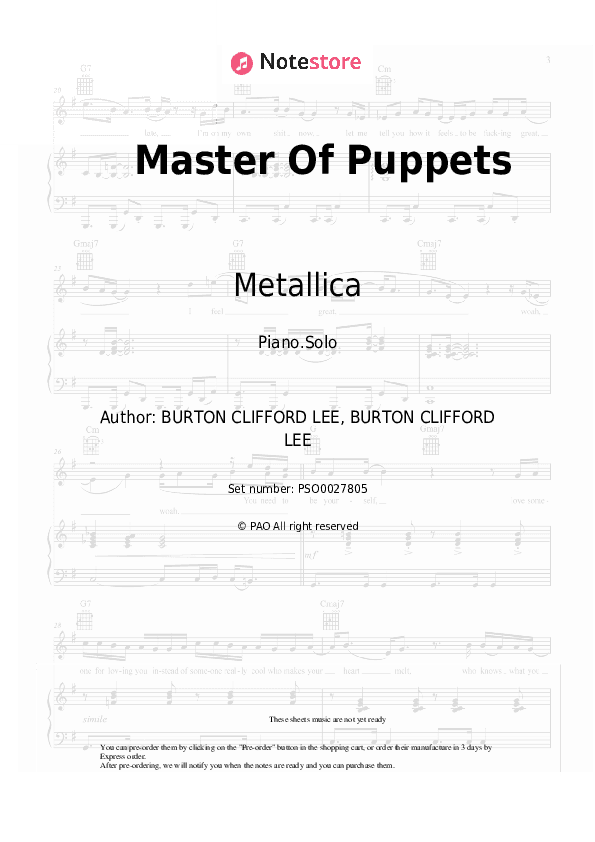 Master Of Puppets - Metallica Piano Sheet Music - Piano.Solo