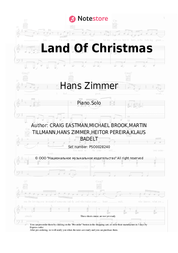 Land Of Christmas - Hans Zimmer, Klaus Badelt Piano Sheet Music - Piano.Solo