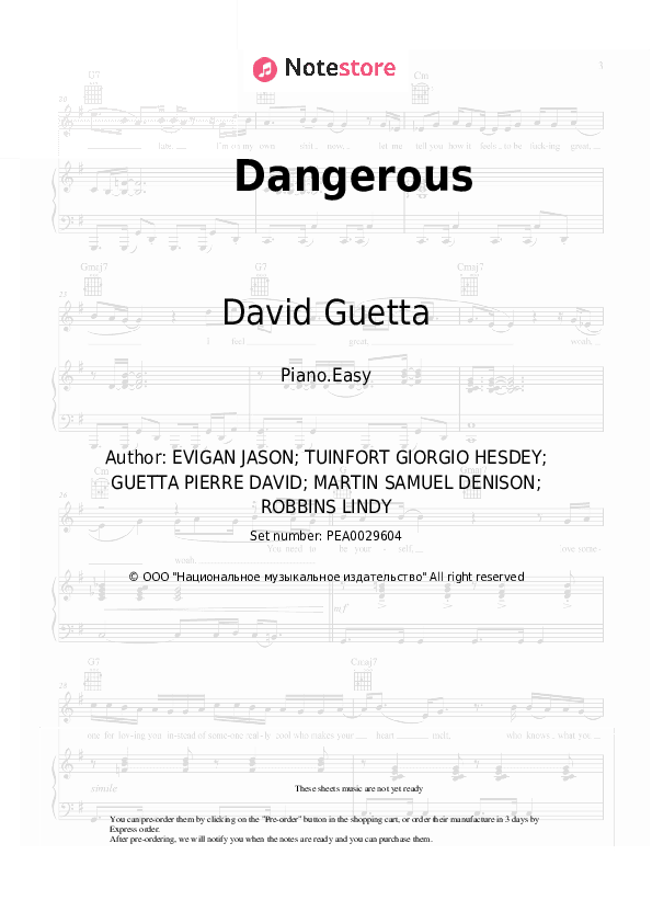 Dangerous - David Guetta, Sam Martin Piano Sheet Music Easy - Piano.Easy