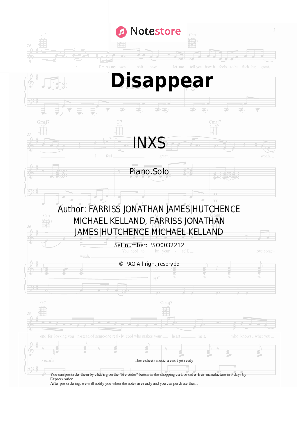 Disappear - INXS Piano Sheet Music - Piano.Solo