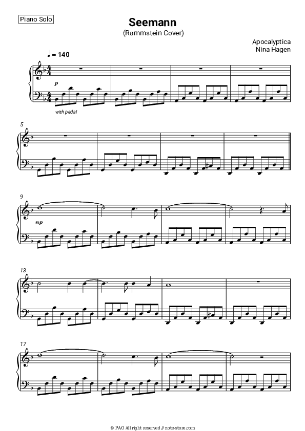 Seemann - Apocalyptica, Nina Hagen Piano Sheet Music - Piano.Solo