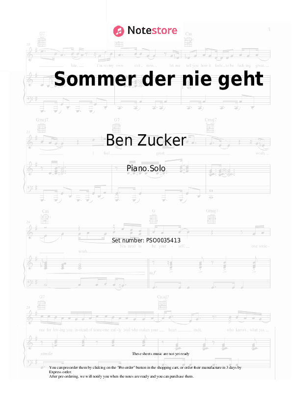 Sommer der nie geht - Ben Zucker Piano Sheet Music - Piano.Solo