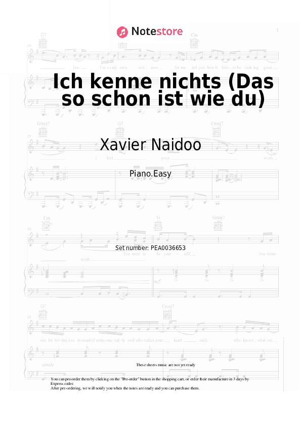 Ich kenne nichts (Das so schon ist wie du) - Xavier Naidoo Piano Sheet Music Easy - Piano.Easy