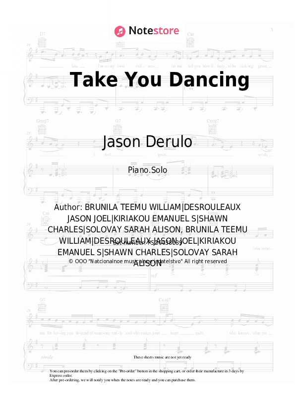 Take You Dancing - Jason Derulo Piano Sheet Music - Piano.Solo