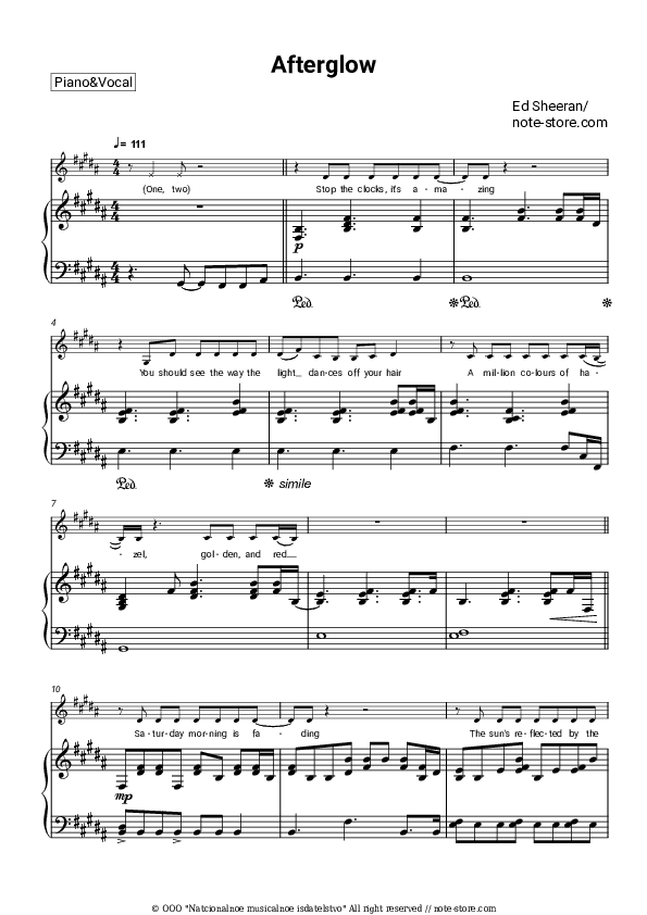 Afterglow - Ed Sheeran Piano Sheet Music with the Voice part - Piano&Vocal