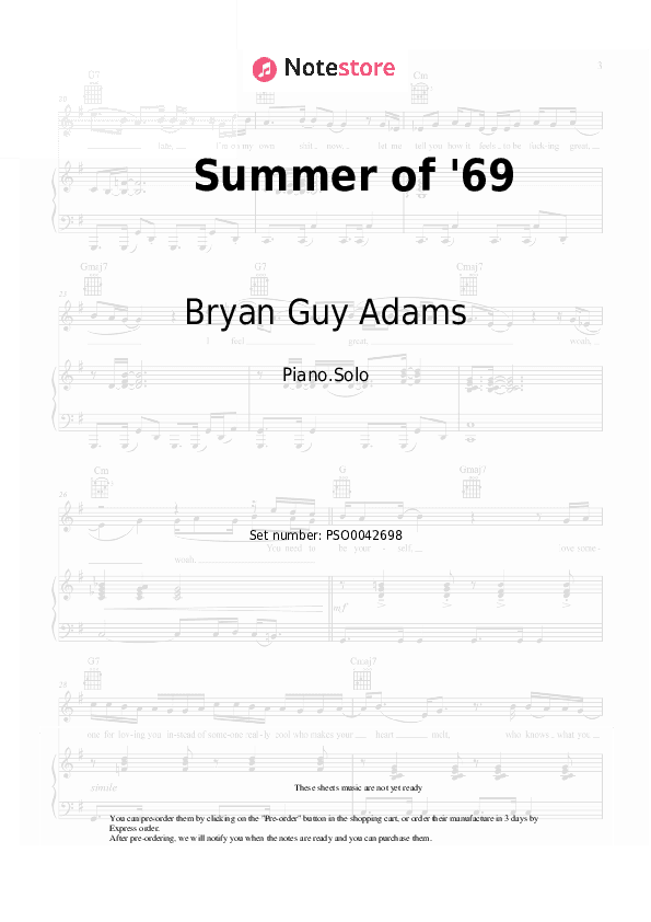 Summer of '69 - Bryan Guy Adams Piano Sheet Music - Piano.Solo