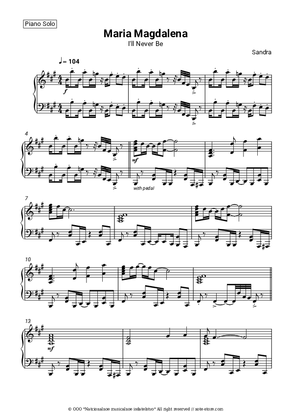 (I'll Never Be) Maria Magdalena - Sandra Piano Sheet Music - Piano.Solo