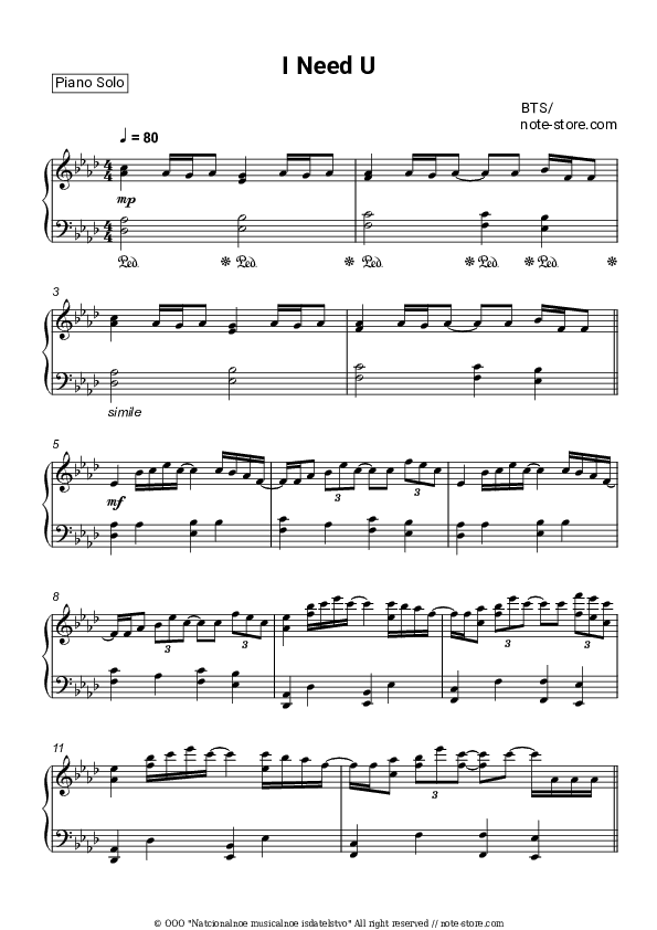 I Need U - BTS Piano Sheet Music - Piano.Solo