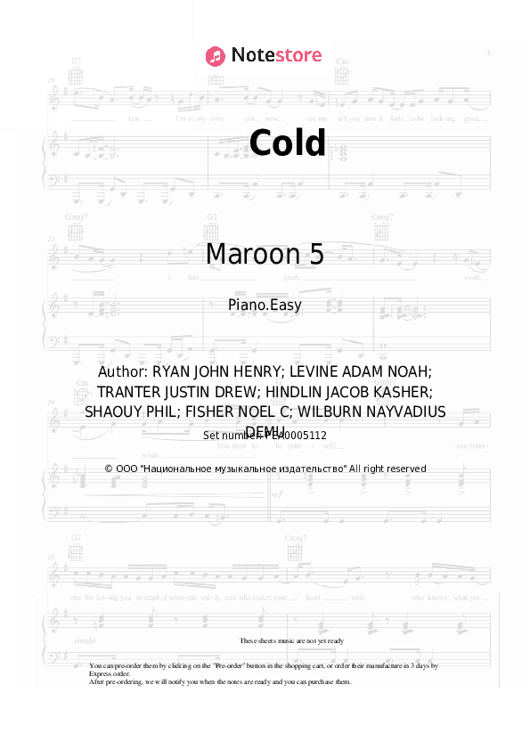 Cold - Maroon 5 Piano Sheet Music Easy - Piano.Easy