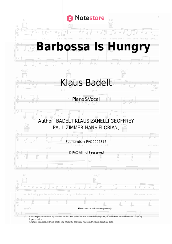 Barbossa Is Hungry - Klaus Badelt Piano Sheet Music with the Voice part - Piano&Vocal
