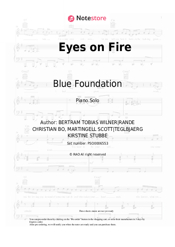 Eyes on Fire - Blue Foundation Piano Sheet Music - Piano.Solo