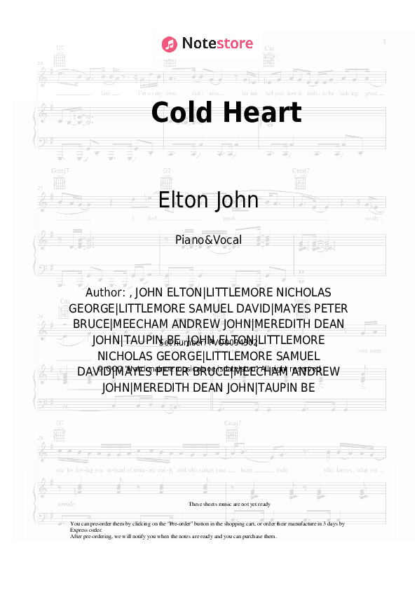 Cold Heart - Elton John, Dua Lipa Piano Sheet Music with the Voice part - Piano&Vocal