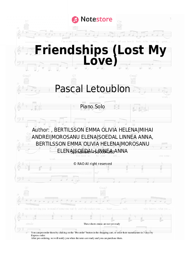Friendships (Lost My Love) - Pascal Letoublon, Leony Piano Sheet Music - Piano.Solo