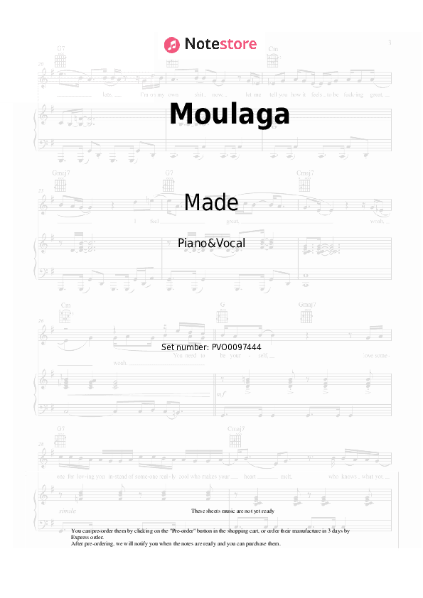 Moulaga - Made, Bobby Vandamme, Dorian Piano Sheet Music with the Voice part - Piano&Vocal