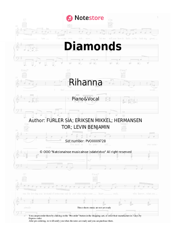 Diamonds - Rihanna Piano Sheet Music with the Voice part - Piano&Vocal