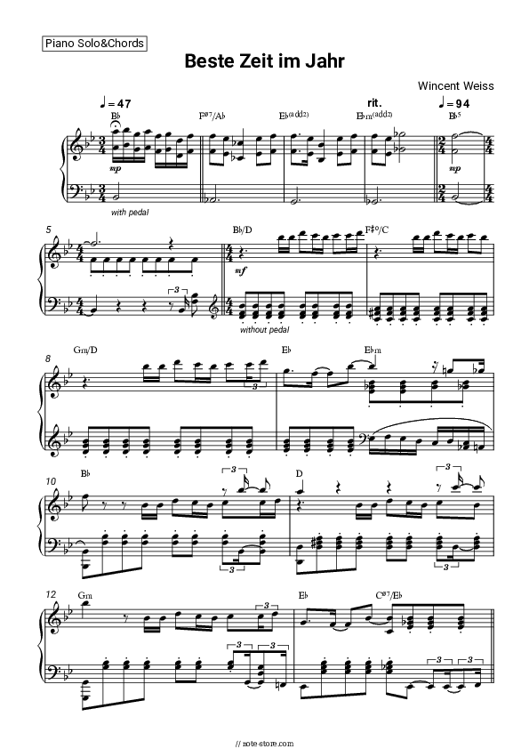 Beste Zeit im Jahr - Wincent Weiss Piano Sheet Music and Chords - Piano.Solo&Chords