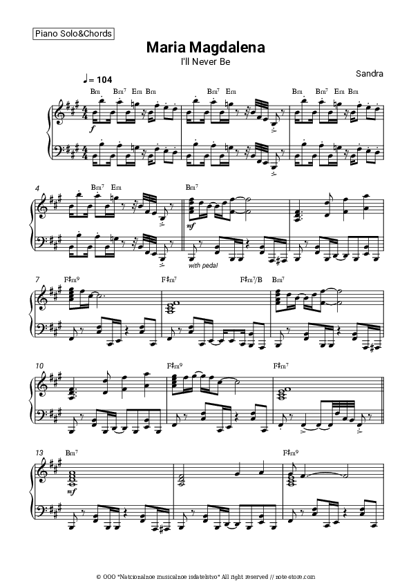 (I'll Never Be) Maria Magdalena - Sandra Piano Sheet Music and Chords - Piano.Solo&Chords