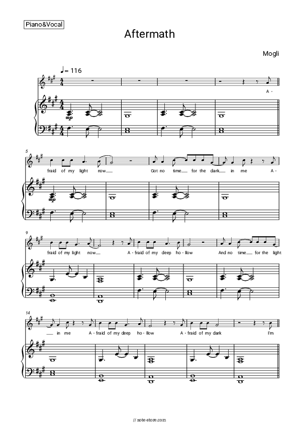 Aftermath - Mogli Piano Sheet Music with the Voice part - Piano&Vocal