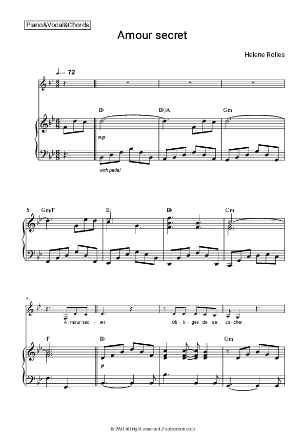 Amour secret - Helene Rolles Piano Sheet Music with the Vocal and Chords - Piano&Vocal&Chords