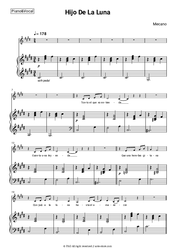 Hijo De La Luna - Mecano Piano Sheet Music with the Voice part - Piano&Vocal