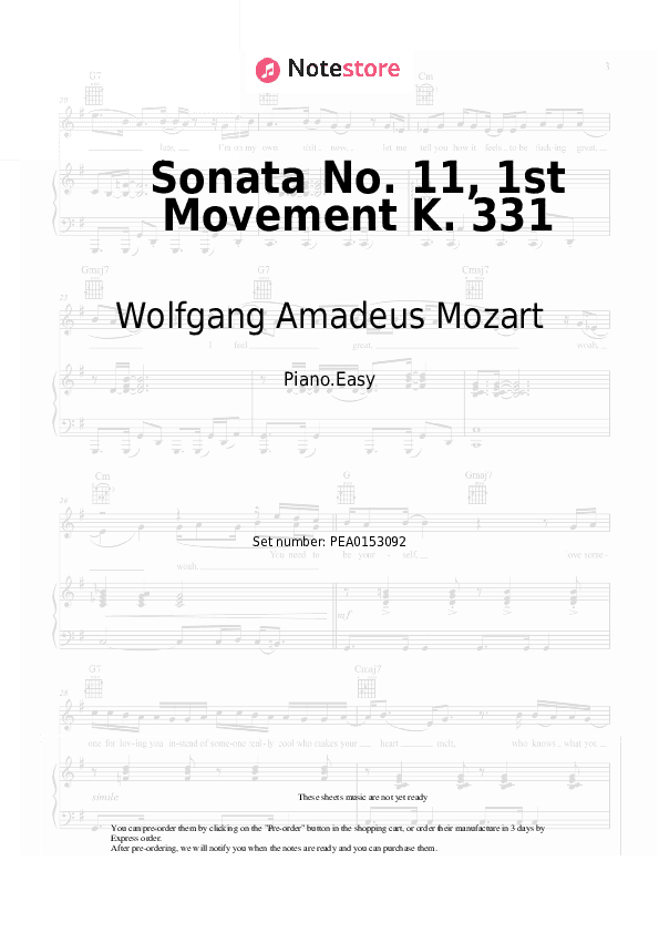 Sonata No. 11, 1st Movement K. 331 - Wolfgang Amadeus Mozart Piano Sheet Music Easy - Piano.Easy