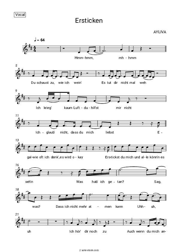 Ersticken - AYLIVA Vocal Sheet Music - Vocal