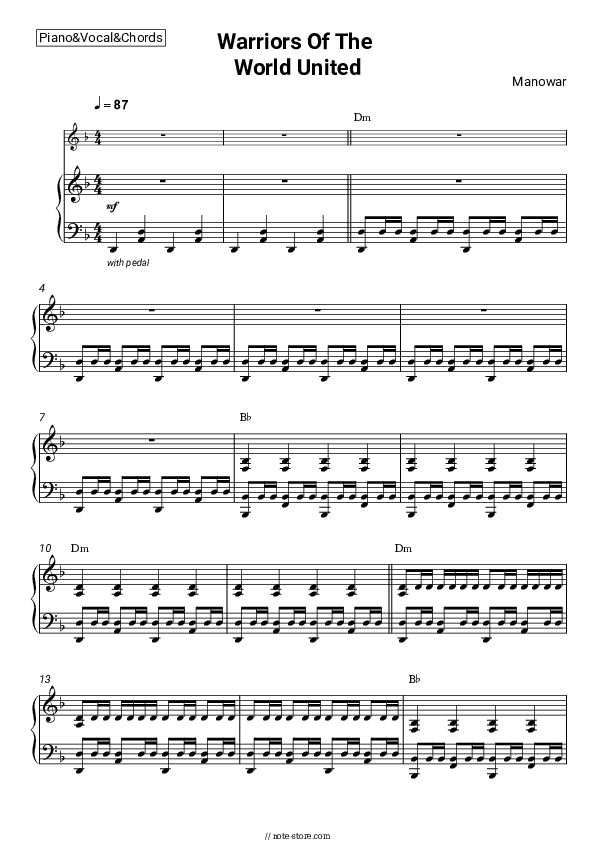 Warriors Of The World United - Manowar Piano Sheet Music with the Vocal and Chords - Piano&Vocal&Chords