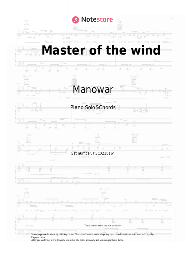 Master of the wind - Manowar Piano Sheet Music and Chords - Piano.Solo&Chords