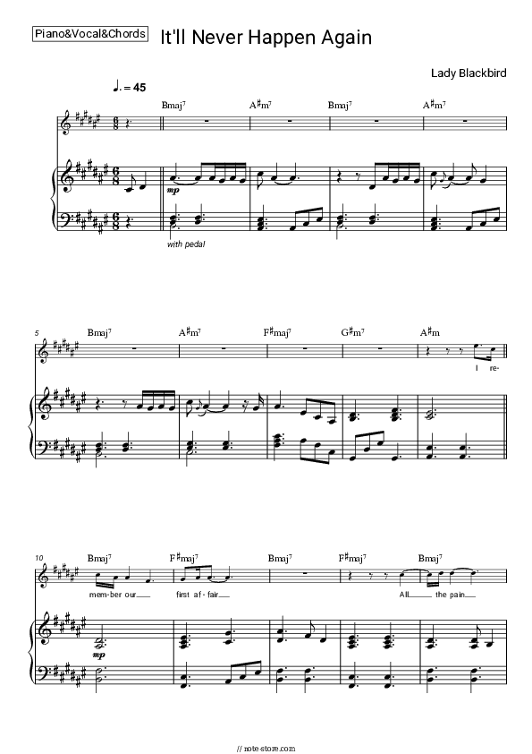 It’ll Never Happen Again - Lady Blackbird Piano Sheet Music with the Vocal and Chords - Piano&Vocal&Chords