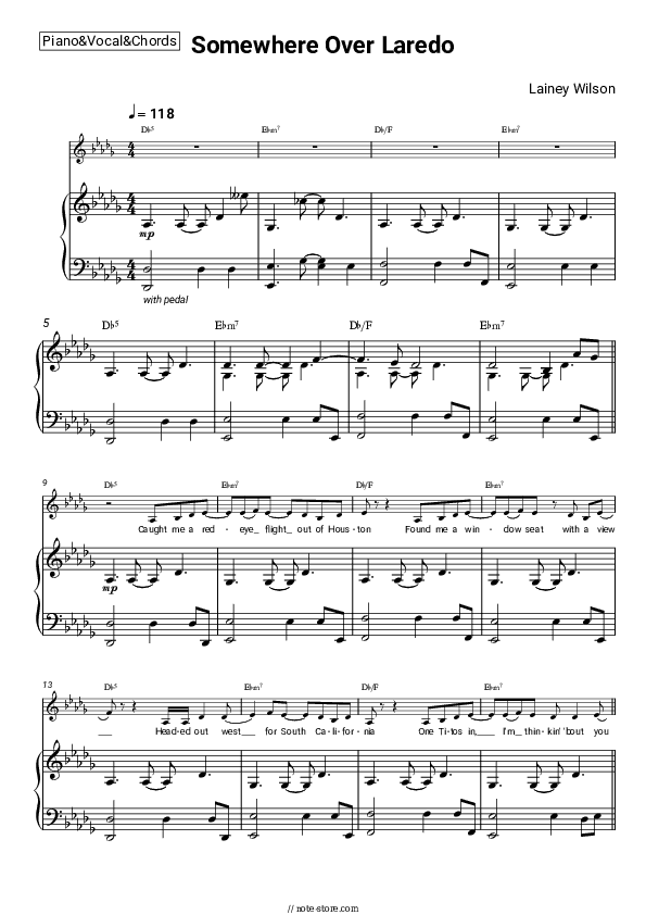 Somewhere Over Laredo - Lainey Wilson Piano Sheet Music with the Vocal and Chords - Piano&Vocal&Chords