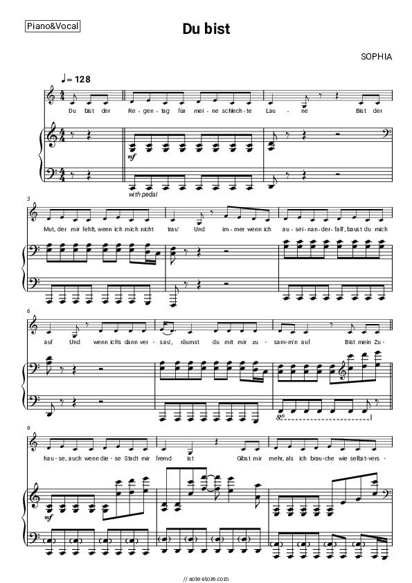 Du bist - SOPHIA Piano Sheet Music with the Voice part - Piano&Vocal